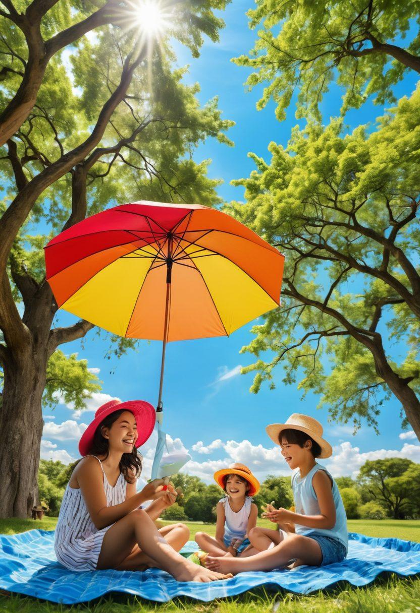A bright, sunny outdoor scene depicting a family enjoying a picnic under a large tree, with colorful UV-blocking umbrellas and hats. Show children applying sunscreen and playing with a football, while a clear blue sky fills the background. Incorporate elements of nature such as flowers and birds to evoke a sense of joy and safety in the sun. vibrant colors. super-realistic.