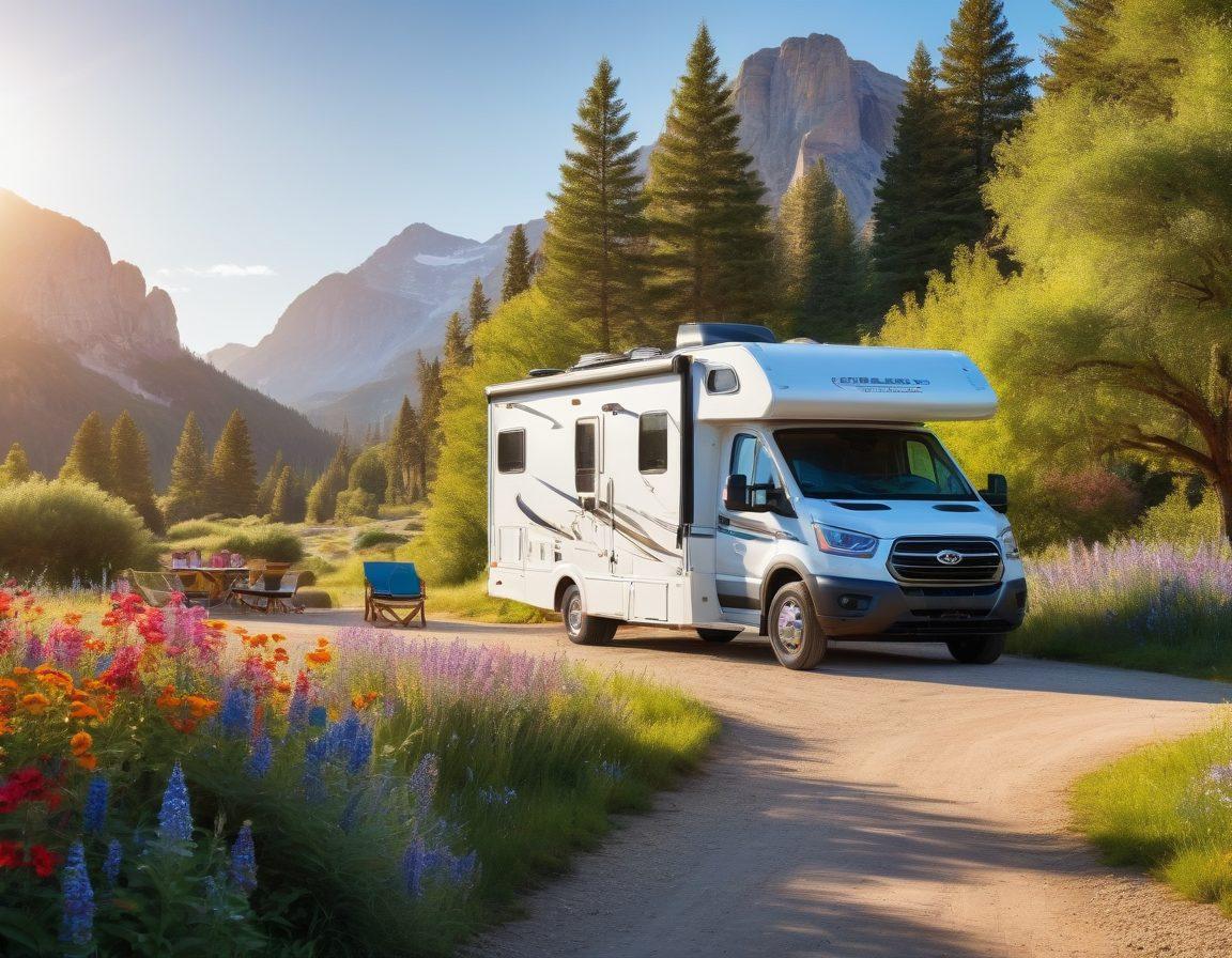 A serene RV parked in a picturesque landscape with a bright sun overhead, featuring a checklist on the dashboard highlighting sun safety essentials like sunscreen, hats, and sunglasses. Surround the scene with vibrant wildflowers and trees, illustrating an ideal travel environment. Add a family enjoying outdoor activities nearby, symbolizing fun and protection. super-realistic. vibrant colors. peaceful atmosphere.