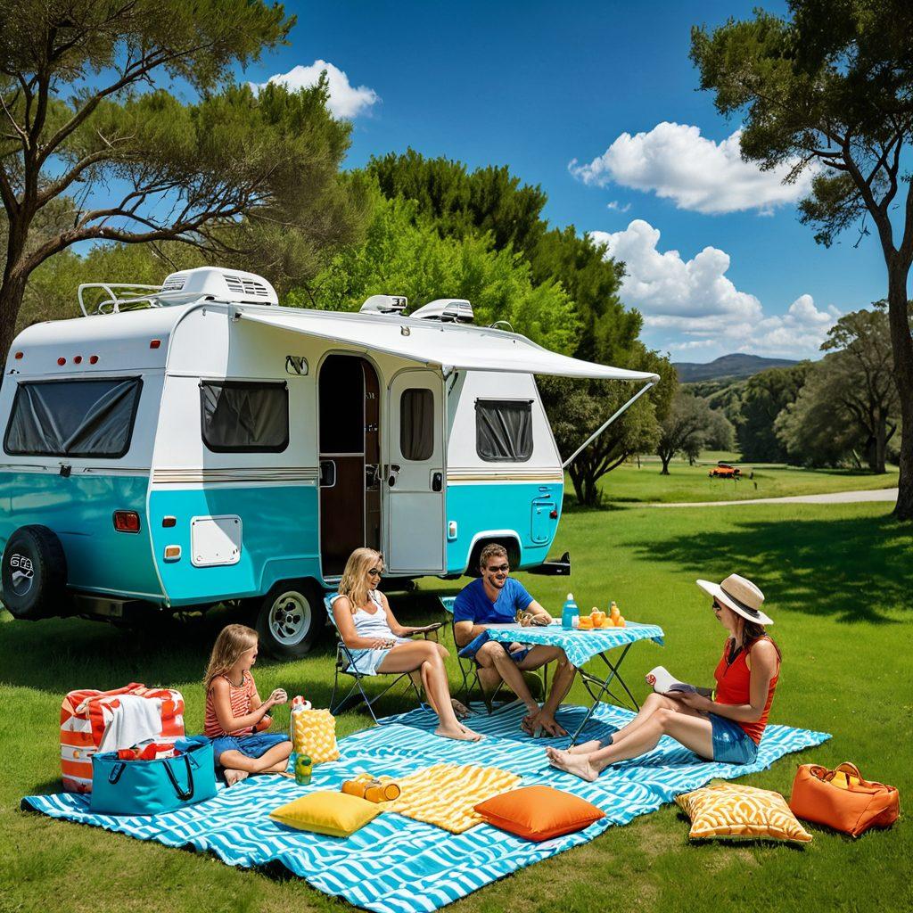 A sunny outdoor scene featuring a parked RV surrounded by lush landscapes. In the foreground, a happy family applying sunblock, showcasing different types of sun protection products. The background displays a vibrant blue sky with fluffy clouds and an inviting road stretching into the distance. Include playful elements like beach towels and a picnic setup to emphasize outdoor fun. super-realistic. vibrant colors.